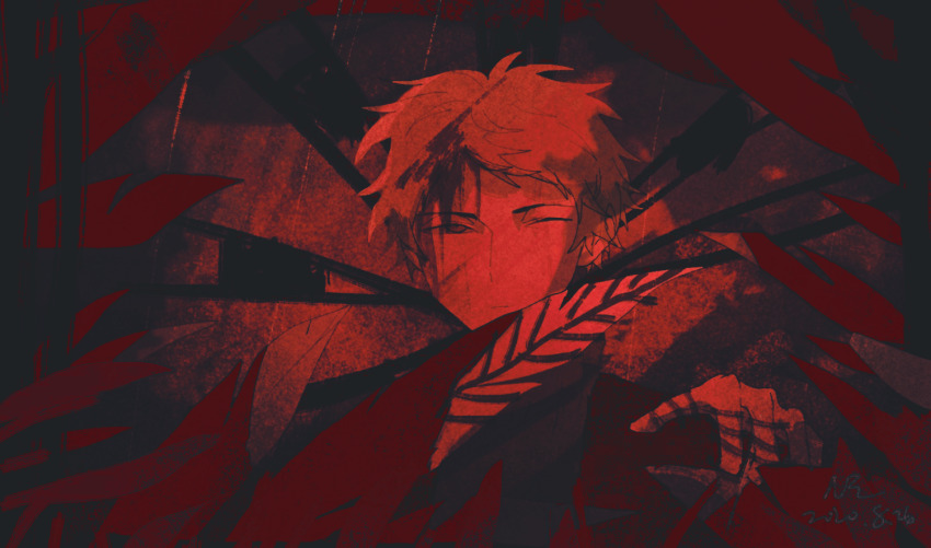 1boy ;| atou_haruki beiquqian blood blood_in_hair blood_on_face chinese_commentary closed_mouth commentary_request dated hand_up jacket male_focus monochrome one_eye_closed open_clothes open_jacket plant red_theme saibou_shinkyoku short_hair signature solo sweater turtleneck turtleneck_sweater variant_set