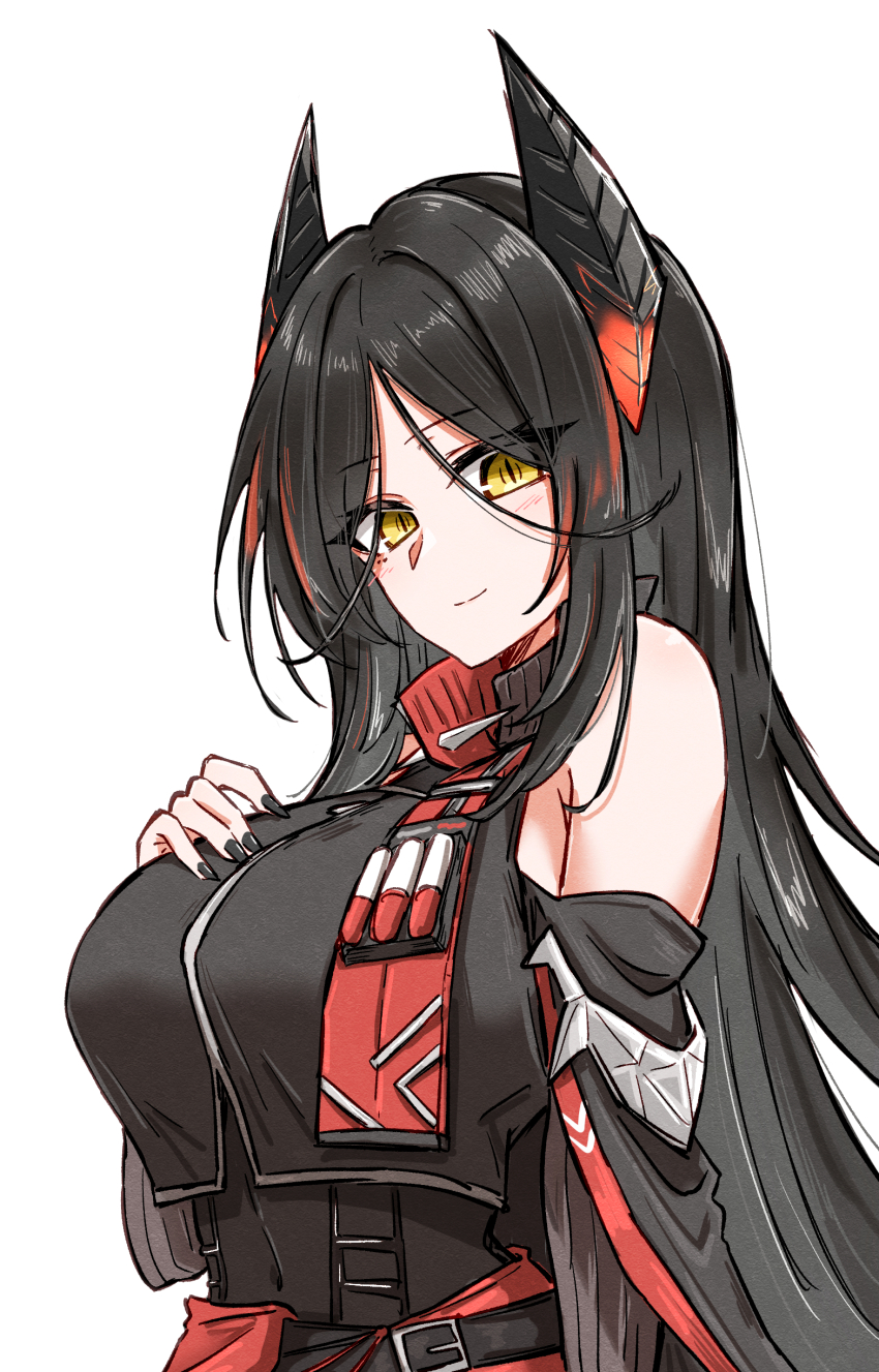 1girl absurdres arknights bare_shoulders black_hair black_horns black_nails blush breast_suppress closed_mouth commentary fingernails hair_between_eyes highres horns ines_(arknights) long_hair looking_at_viewer maiq06 nail_polish one-hour_drawing_challenge parted_bangs simple_background smile solo upper_body white_background yellow_eyes