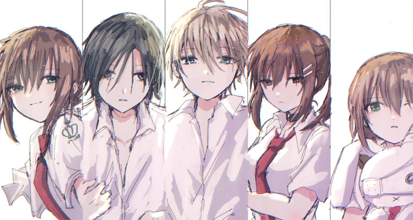 2boys 3girls arm_under_breasts black_hair blonde_hair breasts brown_eyes brown_hair capelet closed_mouth collarbone collared_shirt crown_print expressionless eyepatch flat_chest green_eyes grey_eyes hair_between_eyes hair_bun hairclip high_ponytail holding holding_stuffed_toy long_hair looking_at_viewer mamiya_hasaki mamiya_takuji medical_eyepatch medium_breasts minakami_yuki multiple_boys multiple_girls necktie parallel_hairclips parted_lips ponytail red_necktie retugo_asa school_uniform shirt shirt_tug short_hair simple_background smile straight_hair stuffed_animal stuffed_rabbit stuffed_toy subarashiki_hibi tachibana_kimika upper_body white_background white_capelet white_shirt x_mouth yuuki_tomosane