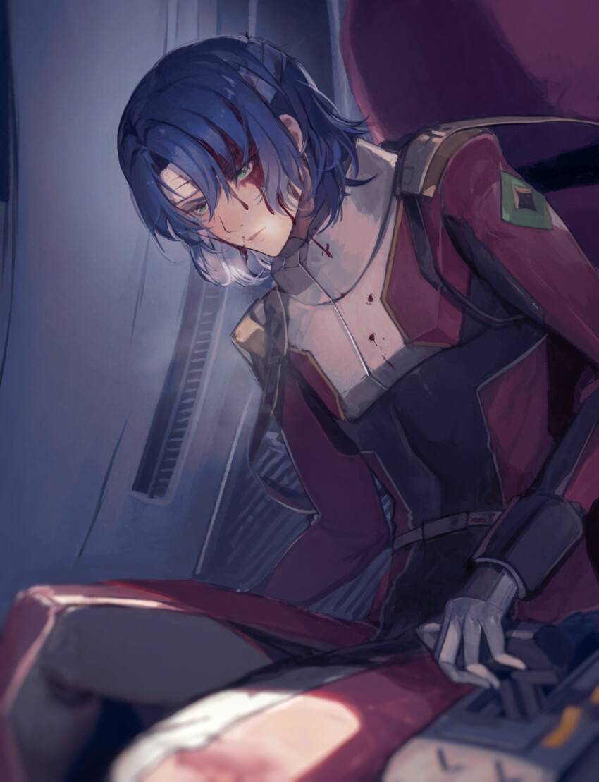 1boy athrun_zala bai_rui bandaged_head bandages bleeding blood blood_on_clothes blood_on_face blue_hair bodysuit cockpit green_eyes gundam gundam_seed gundam_seed_destiny gundam_seed_freedom highres male_focus pilot pilot_suit red_bodysuit red_uniform short_hair solo