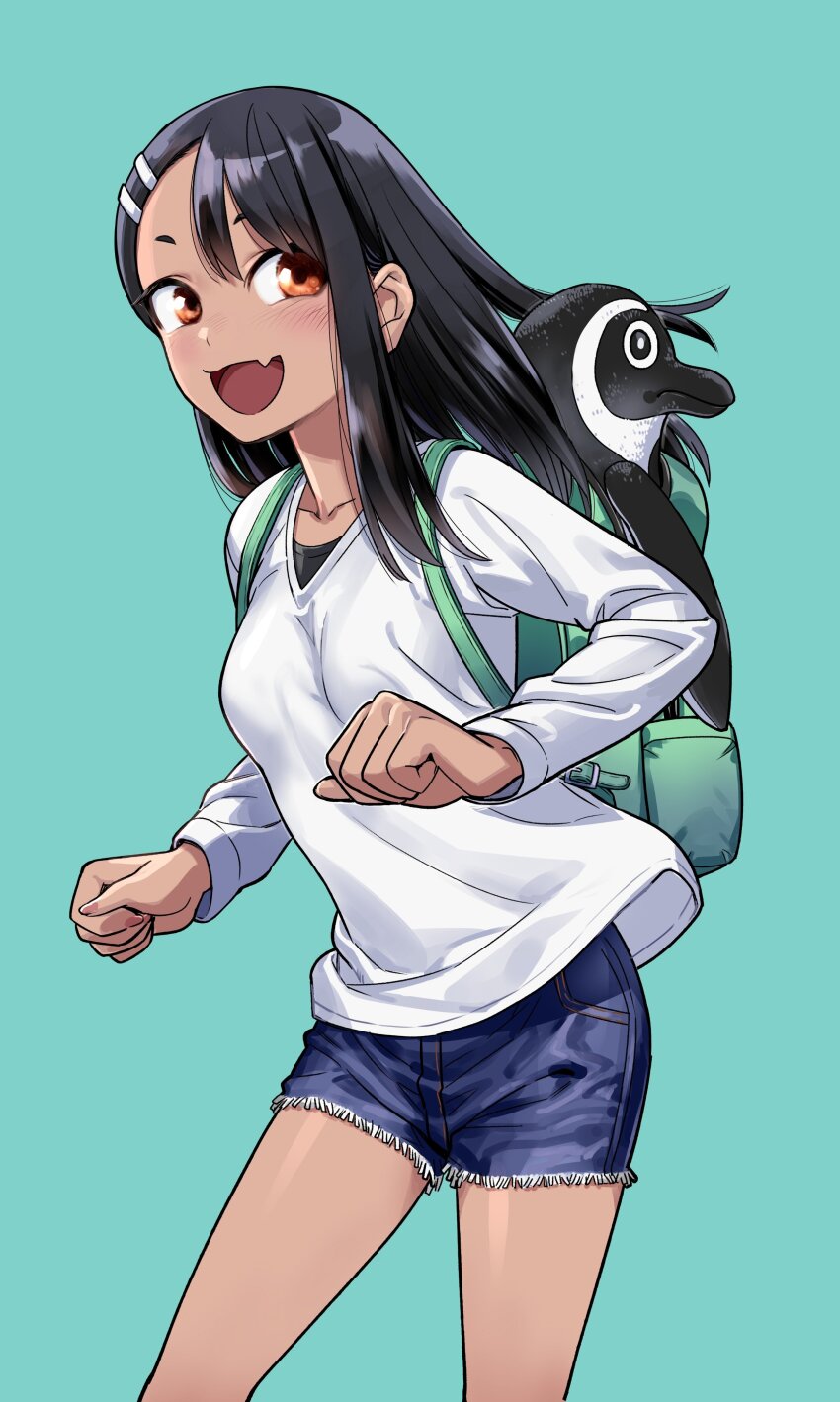 1girl 774_(nanashi) absurdres aqua_background backpack bag bird black_hair blue_shorts clenched_hands collarbone commentary_request cowboy_shot denim denim_shorts fang green_bag gyaru hair_ornament hairclip highres ijiranaide_nagatoro-san long_hair long_sleeves nagatoro_hayase official_art open_mouth orange_eyes penguin second-party_source shirt shorts simple_background skin_fang smile solo tan white_shirt