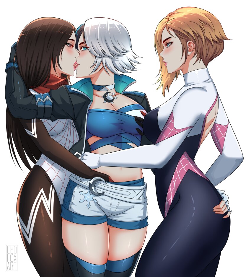 3girls absurdres asymmetrical_hair back_cutout black_hair blonde_hair bodysuit cindy_moon clothing_cutout commission crop_top fff_threesome french_kiss girl_sandwich grabbing_another&#039;s_ass grabbing_another&#039;s_breast groping group_sex gwen_stacy hand_in_another&#039;s_pants hand_in_pants highres kiss leofoxart luna_snow marvel marvel_rivals multicolored_hair multiple_girls sandwiched short_shorts shorts silk_(marvel) simple_background spider-gwen spider-man_(series) spider-verse spider_web_print split-color_hair threesome two-tone_hair white_hair yuri
