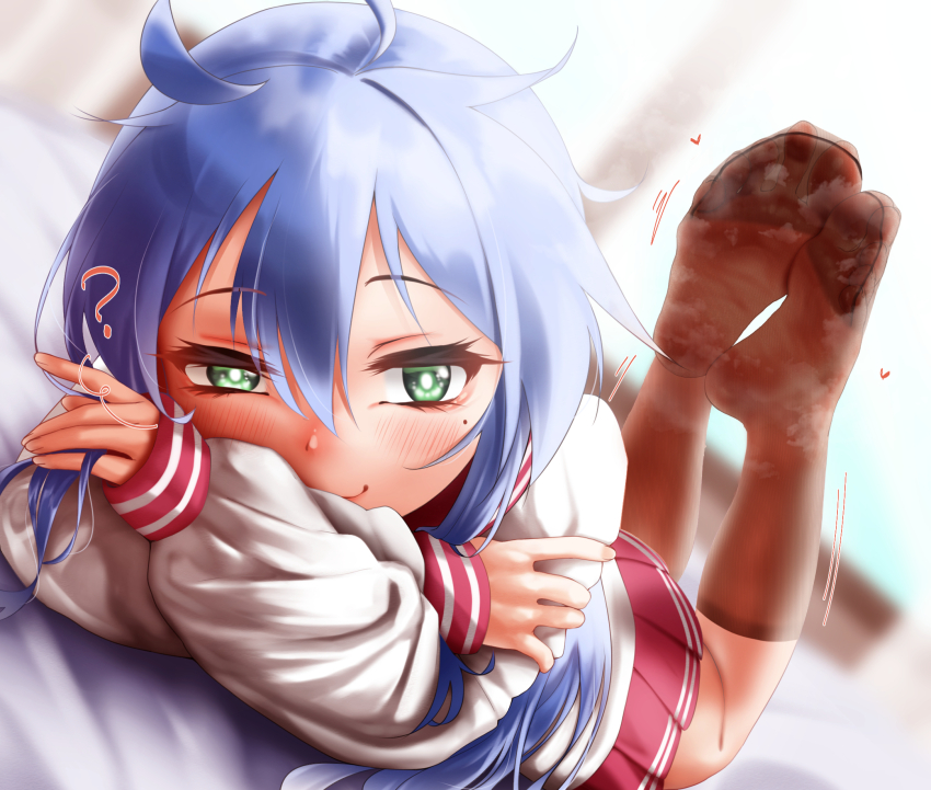 1girl ? ahoge blue_hair blurry blurry_background blush brown_socks closed_mouth dutch_angle eyelashes feet feet_up foot_focus full_body green_eyes hair_between_eyes highres izumi_konata long_hair long_sleeves looking_at_viewer lucky_star lying miniskirt mole mole_under_eye no_shoes nokchamint on_stomach pleated_skirt red_skirt sailor_collar school_uniform skirt smell socks soles solo steaming_body the_pose toe_seam toenails toes