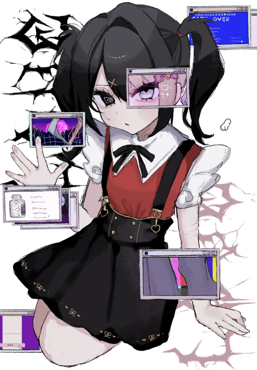 1girl @_@ \n/ ame-chan_(needy_girl_overdose) black_hair blonde_hair blue_eyes bow chouzetsusaikawa_tenshi-chan drawn_wings drugs dual_persona full_body game_over hair_bow hair_ornament heterochromia highres looking_at_viewer multiple_scars neck_ribbon needy_girl_overdose on_ground pill_bottle red_shirt revealing_layer ribbon scar scar_on_arm seiza self-harm_scar shirt short_twintails sidelocks sitting skirt sparkle suspender_skirt suspenders sweatdrop twintails uxvqx vaporwave window_(computing) winged_sleeves x_hair_ornament