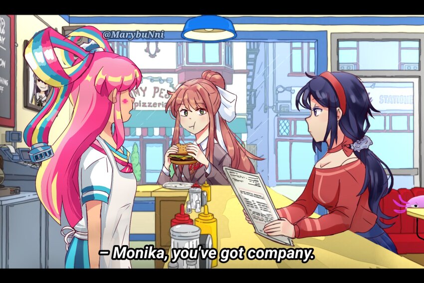 1girl 3girls :t apron black_hair blazer bob&#039;s_burgers bow bow_choker brown_hair burger chewing choker commentary crazy_mita_(miside) crossover doki_doki_literature_club english_commentary food giffany gravity_falls green_eyes grey_jacket grey_scrunchie hair_bow hair_ornament hair_ribbon hair_scrunchie hairband high_ponytail highres holding holding_burger holding_food holding_menu jacket ketchup_bottle long_hair long_sleeves low_ponytail menu miside mita_(miside) mmiklshaek monika_(doki_doki_literature_club) multicolored_ribbon multicolored_sailor_collar multiple_crossover multiple_girls mustard_bottle napkin_holder open_mouth pink_hair ponytail puffy_cheeks red_choker red_hairband red_shirt restaurant ribbon ribbon_cable salt_shaker school_uniform scrunchie shirt short_sleeves sitting trait_connection twitter_username white_apron white_bow white_shirt