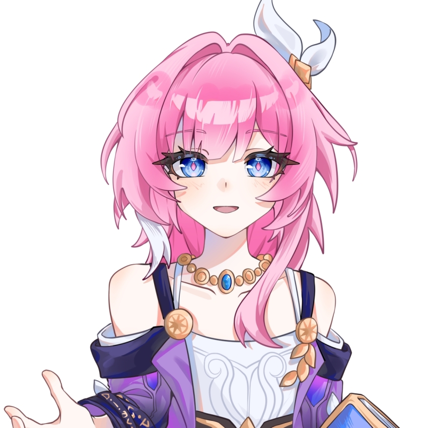 1girl :d bare_shoulders blue_eyes camisole chinese_commentary collarbone commentary_request cyrene_(honkai:_star_rail) diamond-shaped_pupils diamond_(shape) hair_intakes highres honkai:_star_rail honkai_(series) jewelry looking_at_viewer medium_hair multicolored_hair necklace open_mouth pink_hair pink_pupils simple_background smile solo spaghetti_strap streaked_hair symbol-shaped_pupils tanyi_(mimanchi27991) upper_body white_background white_camisole white_hair