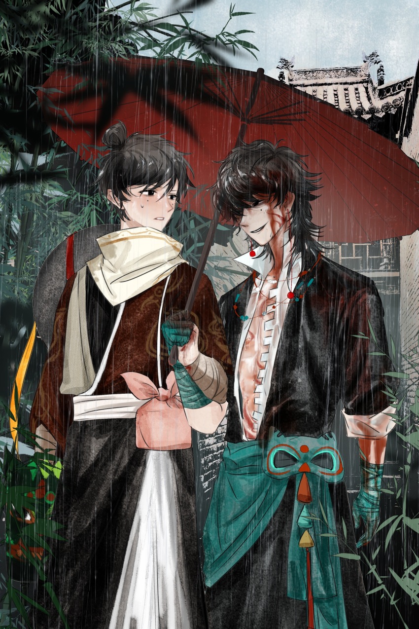 2boys absurdres bandaged_arm bandaged_hand bandages black_hair blood blood_in_hair blood_on_chest blood_on_clothes blood_on_face cen_boyao chinese_commentary commentary_request earrings hair_bun highres holding holding_umbrella huayangshan_jishi jacket jewelry karaiii male_focus medium_hair mole mole_under_each_eye mole_under_eye multiple_boys multiple_moles oil-paper_umbrella open_clothes open_jacket open_shirt outdoors red_umbrella scarf shirt short_hair sleeves_rolled_up smile sweat umbrella white_jacket white_scarf white_shirt zhao_yuwen