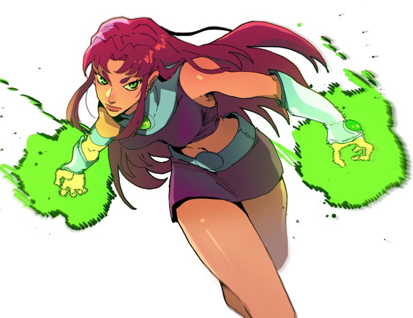 1girl armlet aura bracer closed_mouth colored_sclera colored_skin crop_top dc_comics green_eyes green_sclera highres isaacchief300 jewelry long_hair looking_at_viewer midriff navel orange_skin purple_shirt purple_skirt red_hair shirt sidelocks skirt sleeveless sleeveless_shirt solo starfire stomach superhero_costume teen_titans teen_titans_(tv_series) white_background