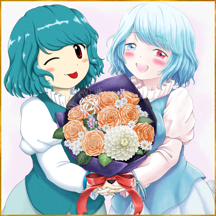 2girls :d ;q artist_collaboration artist_request blue_eyes blue_hair blue_vest blush bouquet dahlia daisy dual_persona flower gentiana_(flower) heterochromia highres holding holding_bouquet juliet_sleeves long_sleeves looking_at_viewer multiple_girls one_eye_closed open_mouth orange_flower orange_rose parasite_oyatsu puffy_sleeves purple_flower red_eyes rose short_hair smile spider_lily tatara_kogasa tongue tongue_out touhou vest white_flower white_spider_lily zun_(style)