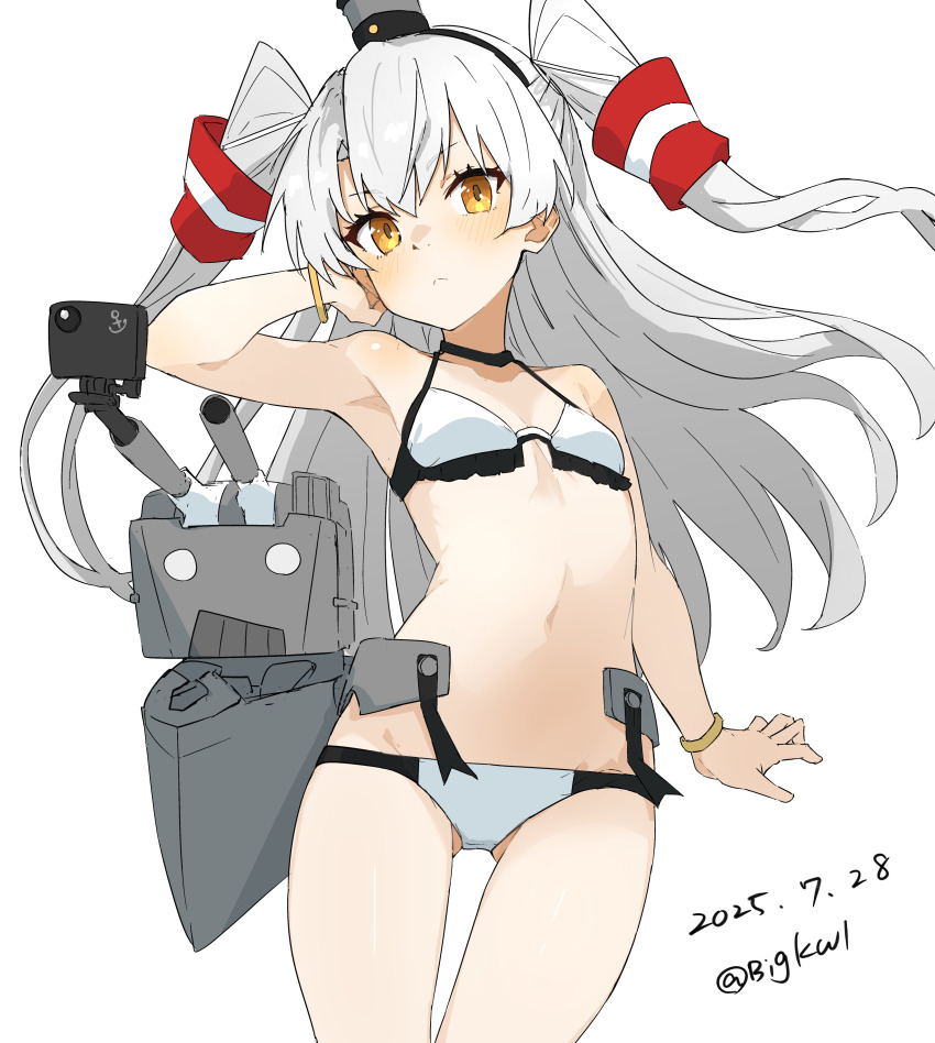 1girl absurdres amatsukaze_(kancolle) amatsukaze_(swimsuit)_(kancolle) bigkwl bikini breasts dated frilled_bikini frills gluteal_fold hair_tubes highres kantai_collection long_hair lowleg lowleg_bikini machinery one-hour_drawing_challenge orange_eyes rensouhou-kun simple_background small_breasts smokestack_hair_ornament solo standing swimsuit thigh_gap twitter_username two_side_up white_background white_bikini white_hair