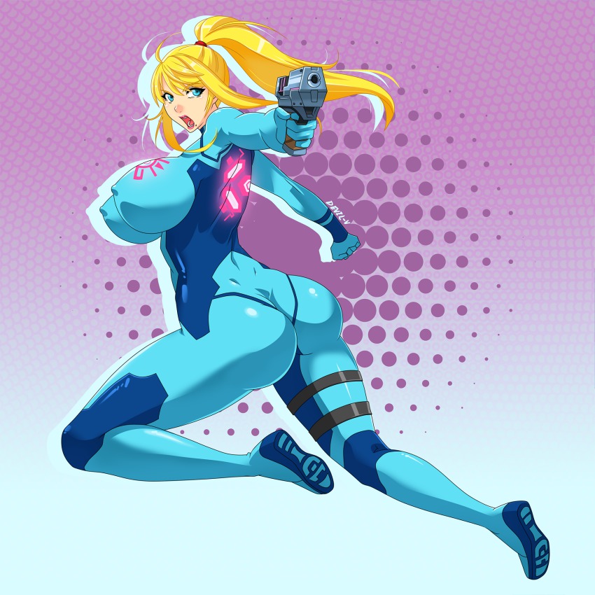 abstract_background action ass blonde_hair blue_eyes bodysuit breasts devil-v covered_erect_nipples gun highres huge_breasts legs long_hair long_legs looking_back metroid ponytail samus_aran shouting skin_tight thigh_strap thighs weapon zero_suit