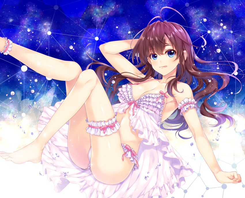 1girl ahoge alpha_(yukai_na_nakamatachi) ankle_garter arm_garter arm_support arm_up ass babydoll bare_shoulders blue_background blue_eyes blush breasts brown_hair cleavage collarbone commentary_request feet frilled_thigh_strap frills hair_between_eyes highres hip_focus ichinose_shiki idolmaster idolmaster_cinderella_girls knee_up leg_up legs licking_lips long_hair looking_at_viewer medium_breasts navel panties sitting smile solo thigh_strap tongue tongue_out underwear wavy_hair white_panties
