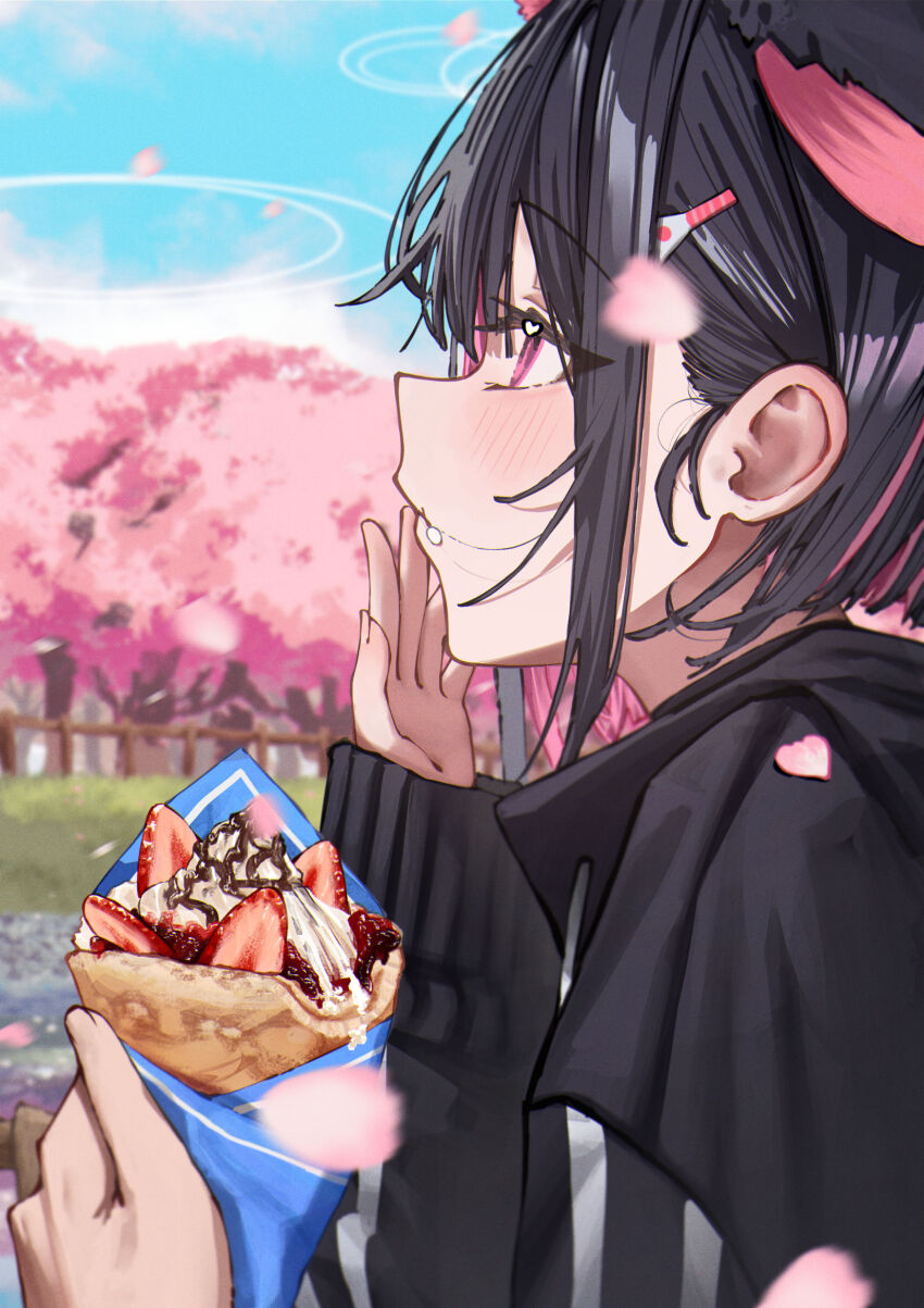 1girl 1other animal_ears betabeet black_hair black_hoodie blue_archive cat_ears cat_girl colored_inner_animal_ears colored_inner_hair crepe extra_ears food highres holding holding_crepe holding_food hood hoodie kazusa_(blue_archive) multicolored_hair pink_eyes sensei_(blue_archive) two-tone_hair