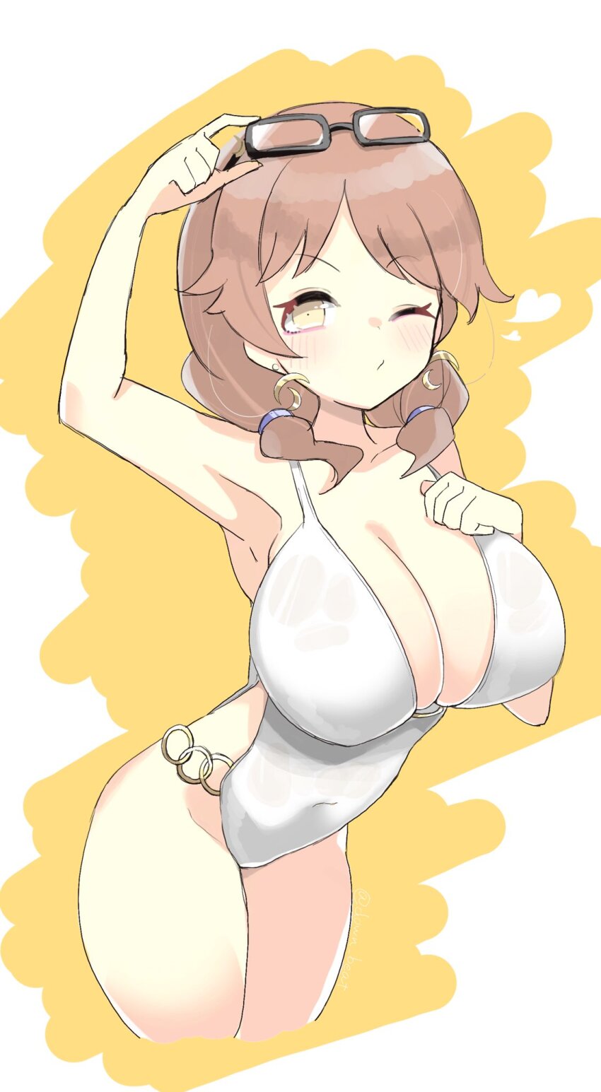 1girl ;o arm_up armpits black-framed_eyewear blush breasts brown_hair casual_one-piece_swimsuit commentary_request covered_navel cropped_legs earrings empty17033658 eyewear_on_head glasses hand_on_own_chest highres idolmaster idolmaster_cinderella_girls jewelry katagiri_sanae large_breasts leaning_forward looking_at_viewer one-piece_swimsuit one_eye_closed short_twintails simple_background solo swimsuit twintails white_one-piece_swimsuit