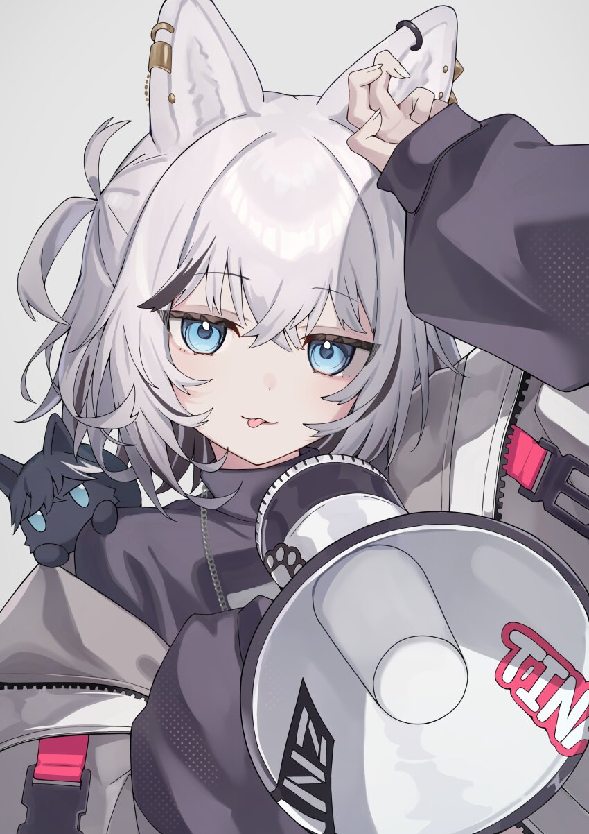 1girl absurdres black_jacket black_shirt blue_eyes chain chain_necklace grey_hair hair_between_eyes highres holding holding_megaphone jacket jewelry kmnz looking_at_viewer medium_hair megaphone multicolored_jacket necklace shibuki_pp shirt solo tina_(kmnz) two-tone_jacket virtual_youtuber white_jacket