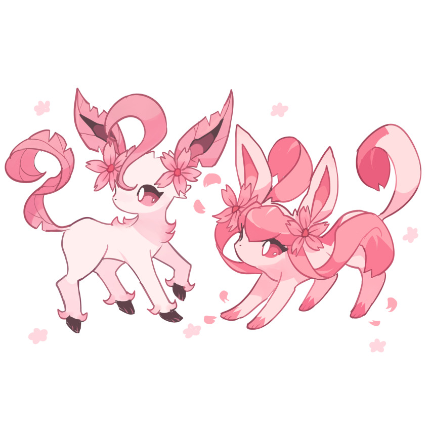 alternate_color alternate_element charamells cherry_blossoms colored_sclera ear_flower floral_background flower full_body gen_4_pokemon glaceon highres leafeon nintendo no_humans petals pink_eyes pink_flower pink_fur pink_petals pink_sclera pink_theme pokemon pokemon_(creature) simple_background squatting standing standing_on_three_legs white_background
