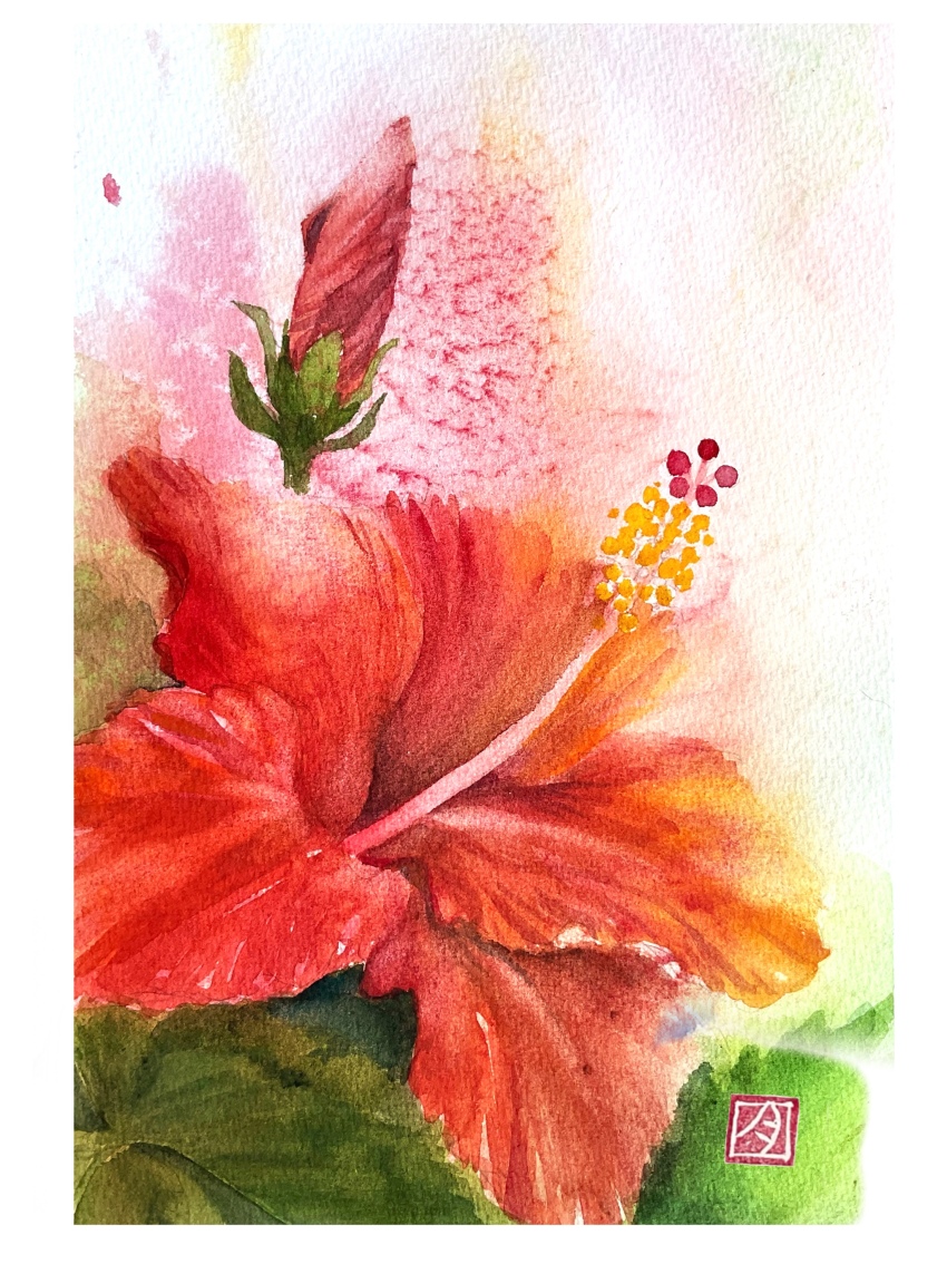 absurdres border bud flower flower_focus highres leaf no_humans original painting_(medium) plant plant_focus red_flower sazanka_352 stamen traditional_media watercolor_(medium) white_border