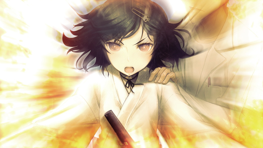 2boys adam&#039;s_apple beard_stubble black_hair blush bob_cut bokken breast_pocket brown_pants chihaya_(clothing) choker coat collarbone eyes_out_of_frame facial_hair fingernails floating_hair game_cg glowing hair_ornament hairclip hakama hakama_skirt hand_on_another&#039;s_shoulder head_out_of_frame highres huke incoming_attack japanese_clothes kosode lab_coat lapels long_sleeves looking_at_viewer messy_hair miko motion_blur motion_lines multiple_boys non-web_source notched_lapels object_in_pocket official_art okabe_rintarou open_mouth orange_theme pants pen_in_pocket pink_eyes pink_lips pocket red_hakama red_sash ribbon_choker ribbon_trim ringed_eyes sash sheath sheathed shirt shouting skirt skull_hair_ornament square_pupils steins;gate steins;gate:_my_darling&#039;s_embrace stubble sword t-shirt talking tongue trap urushibara_luka v-shaped_eyebrows waist_sash weapon white_coat white_shirt wide_sleeves wooden_sword