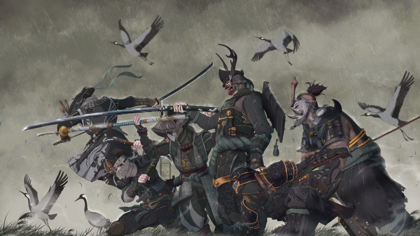 1girl 5boys aramusha_(for_honor) armlet armor bird black_hair club club_(weapon) dual_wielding fat fat_man fingerless_gloves for_honor gloves grey_sky helmet highres holding holding_club holding_scythe holding_sword holding_weapon ifragmentix japan japanese_armor japanese_clothes jewelry kabuto_(helmet) kama_(weapon) kanabou katana kensei_(for_honor) long_hair long_sleeves mask multiple_boys naginata ninja nobushi_(for_honor) ootachi orochi_(for_honor) outdoors polearm ponytail procreate_(medium) rain ronin samurai scythe shinobi_(for_honor) short_ponytail shugoki_(for_honor) sickle sky swan sword wakizashi warrior water_drop weapon