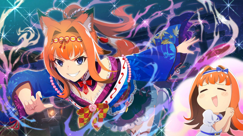 1girl :d =_= aged_up animal_ears aura blue_bow blue_eyes blue_hairband blush bow bow_hairband breasts cleavage dress dutch_angle flipped_hair fox_ears fox_tail game_cg geta grin hair_bow hair_intakes hairband high_ponytail highres higurashi_no_naku_koro_ni higurashi_no_naku_koro_ni_mei houtani_nao imagining kimono_dress leg_up long_hair non-web_source official_alternate_costume official_alternate_hairstyle official_art open_mouth orange_hair outdoors own_hands_clasped own_hands_together ponytail running short_sleeves shrine smile sparkle stone_lantern tail thighhighs torii v-shaped_eyebrows white_dress white_thighhighs