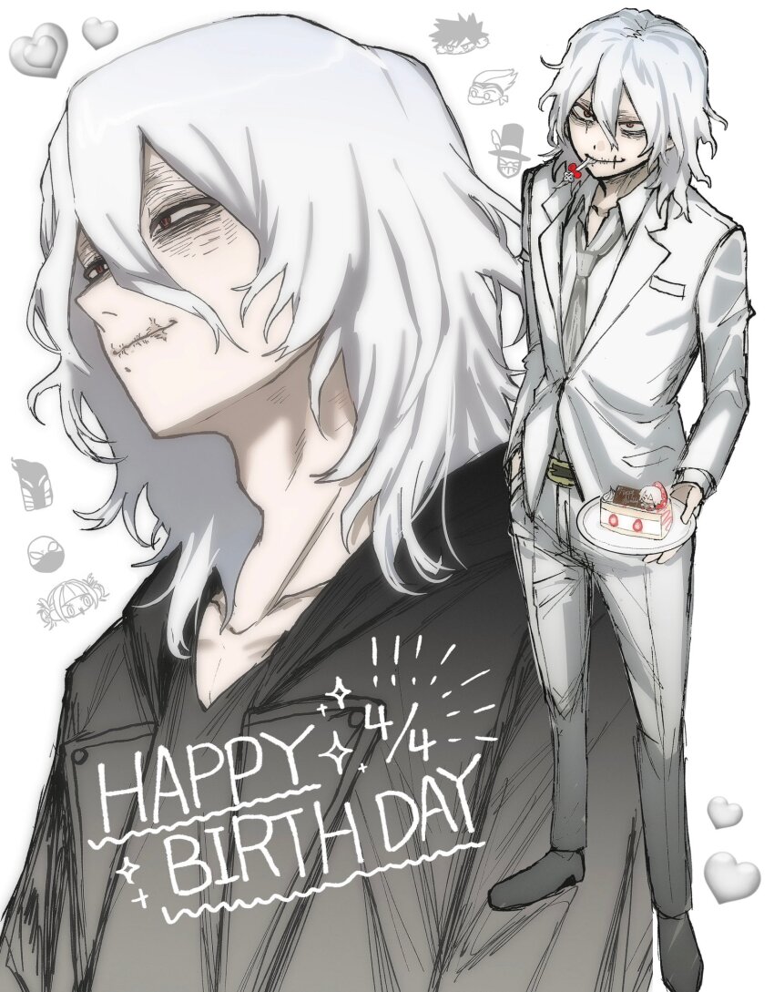 1boy ametaro_(ixxxzu) black_jacket black_shirt boku_no_hero_academia bubaigawara_jin cake cake_slice commentary dabi_(boku_no_hero_academia) dress_pants english_commentary food fork grey_necktie grey_shoes hair_between_eyes happy_birthday heart highres holding holding_plate jacket kurogiri_(boku_no_hero_academia) male_focus medium_hair mr._compress multiple_views necktie pants plate red_eyes shigaraki_tomura shirt shoes spinner_(boku_no_hero_academia) suit_jacket toga_himiko white_background white_hair white_jacket white_pants white_shirt wrinkled_skin