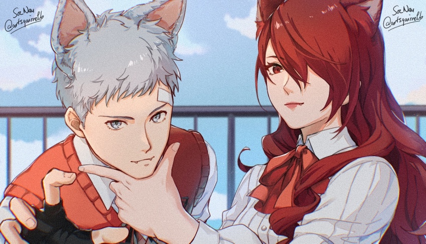 1boy 1girl animal_ears bandaid bandaid_on_face bandaid_on_forehead black_gloves blue_sky bow bowtie cat_ears claw_pose closed_mouth cloud cloudy_sky collared_shirt commentary dog_ears english_commentary fang fangs fingerless_gloves gao gekkoukan_high_school_uniform gloves green_eyes grey_hair hair_over_one_eye hand_on_another&#039;s_chin kirijou_mitsuru lips long_hair long_sleeves looking_at_viewer outdoors persona persona_3 railing red_bow red_bowtie red_eyes red_hair red_lips red_sweater_vest sanada_akihiko school_uniform shirt short_hair sky soc_nau sweater_vest twitter_username upper_body white_shirt