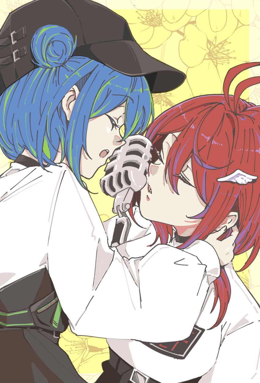 2girls absurdres akane_canna akane_canna_(2nd_costume) antenna_hair baseball_cap black_headwear black_shorts blue_hair closed_eyes commentary_request double_bun feather_hair_ornament feathers flower green_hair hair_between_eyes hair_bun hair_ornament hat highres long_bangs long_sleeves medium_hair microphone multicolored_hair multiple_girls music nanashi_inc. official_alternate_costume open_mouth panyatteria purple_hair red_hair short_hair shorts singing streaked_hair suzumi_nemo suzumi_nemo_(2nd_costume) sweater two-tone_hair upper_body virtual_youtuber white_sweater yellow_flower