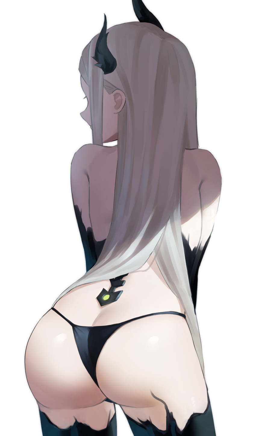 1girl absurdres ass ass_focus black_horns black_liquid closed_mouth from_behind goddess_of_victory:_nikke grey_hair highres horns leviathan_(nikke) liquid_clothes long_hair mesugaki nero_(voyaki) simple_background solo thighs white_background