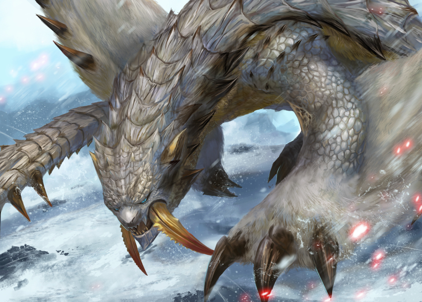 barioth bearluxe blue_eyes blurry blurry_background claws dragon highres looking_at_viewer monster monster_focus monster_hunter_(series) no_humans open_mouth outdoors sabretooth_tiger scales sharp_teeth slit_pupils snow solo spiked_tail spiked_wings tail teeth white_scales wyvern