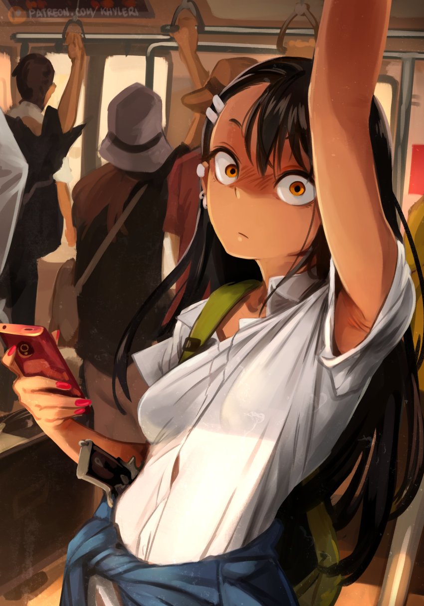 1girl absurdres arm_up armpit_peek armpits asymmetrical_bangs backpack bag beige_shorts black_hair blouse blush breasts brown_hair brown_headwear brown_shirt cellphone closed_mouth clothes_around_waist collarbone collared_shirt commentary cowboy_shot dutch_angle ear_piercing earrings english_commentary expressionless grey_headwear gun hair_ornament hairclip handgun highres holding holding_phone holstered ijiranaide_nagatoro-san indoors jacket jacket_around_waist jewelry khyle. long_hair looking_at_viewer medium_breasts nagatoro_hayase orange_eyes patreon_username phone piercing red_shirt revolver see-through_clothes see-through_shirt shirt short_eyebrows short_sleeves smartphone solo_focus standing straight_hair subway tan train train_interior very_long_hair weapon white_shirt