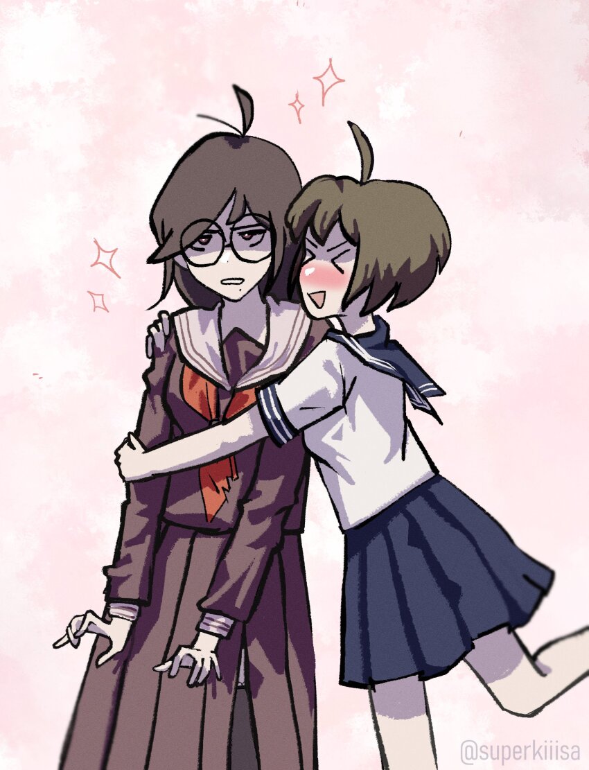 &gt;_&lt; 2girls ahoge antenna_hair blue_sailor_collar blue_skirt blush closed_eyes collared_shirt commentary danganronpa_(series) danganronpa_another_episode:_ultra_despair_girls fukawa_toko glasses highres hug_from_side lily_(superkiiisa) long_hair long_sleeves mole mole_under_mouth multiple_girls naegi_komaru neckerchief open_mouth purple_serafuku purple_shirt purple_skirt red_neckerchief round_eyewear sailor_collar school_uniform serafuku shirt short_hair short_sleeves skirt skirt_set smile sparkle standing standing_on_one_leg symbol-only_commentary torn_clothes torn_neckerchief twitter_username white_sailor_collar white_shirt