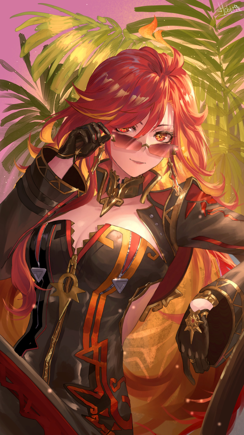 1girl absurdres adjusting_eyewear biker_clothes bikesuit black_bodysuit black_collar black_gloves bodysuit breasts cleavage closed_mouth collar collarbone commentary earrings genshin_impact gloves hair_between_eyes hand_on_eyewear hebbtia highres jewelry knees_out_of_frame large_breasts long_sleeves looking_at_viewer making-of_available mavuika_(genshin_impact) orange-tinted_eyewear orange_hair orange_pupils red_eyes revision sitting smile solo sunglasses tinted_eyewear zipper_pull_tab