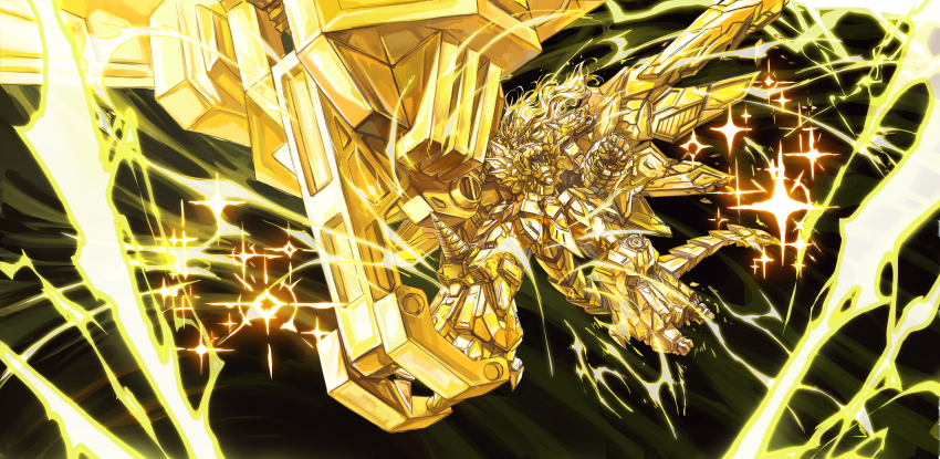 absurdres black_background clenched_hand damaged drill energy genesic_gaogaigar glowing goldion_crusher greatwhite1122 highres mecha no_humans robot super_robot yuusha_ou_gaogaigar_final yuusha_series