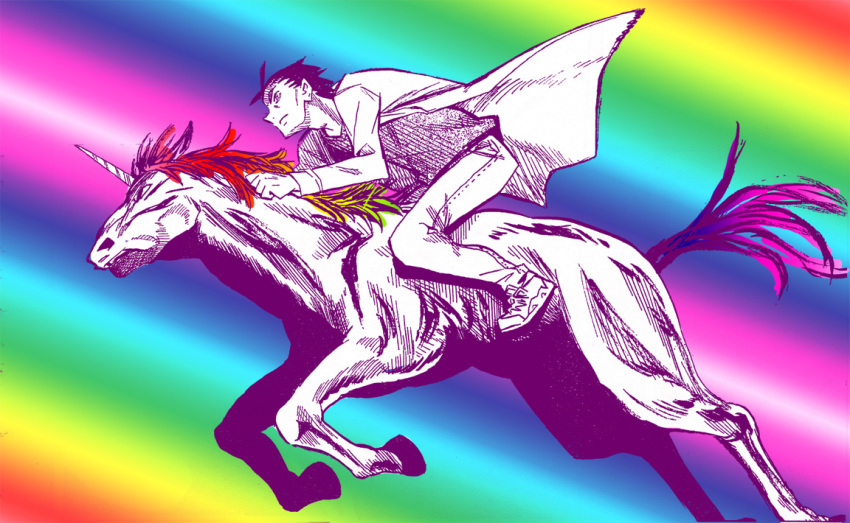 1boy artist_request black_hair crossover lab_coat male_focus okabe_rintarou riding robot robot_unicorn_attack short_hair steins;gate unicorn
