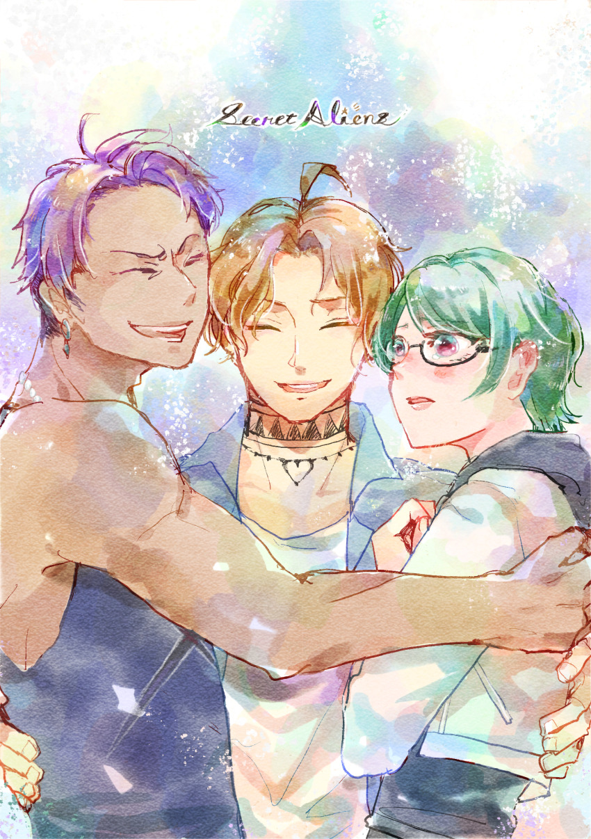 1girl 2boys ahoge black_tank_top blonde_hair blush collared_shirt cropped_jacket crying crying_with_eyes_open dark-skinned_male dark_skin earrings glasses green_hair grin group_hug group_name hand_on_another&#039;s_hip hand_on_own_chest highres hug hypnosis_mic iris_innocent_traiter jacket_over_hoodie jewelry multiple_boys neck_tattoo open_clothes open_mouth open_shirt parted_bangs parted_hair parted_lips pink_eyes purple_hair round_eyewear secret_aliens shirt short_hair smile tank_top taroumaru_rex tattoo tears tom_whisper_weathercock toned toned_male user_dxuf3884 very_short_hair watercolor_effect wavy_hair