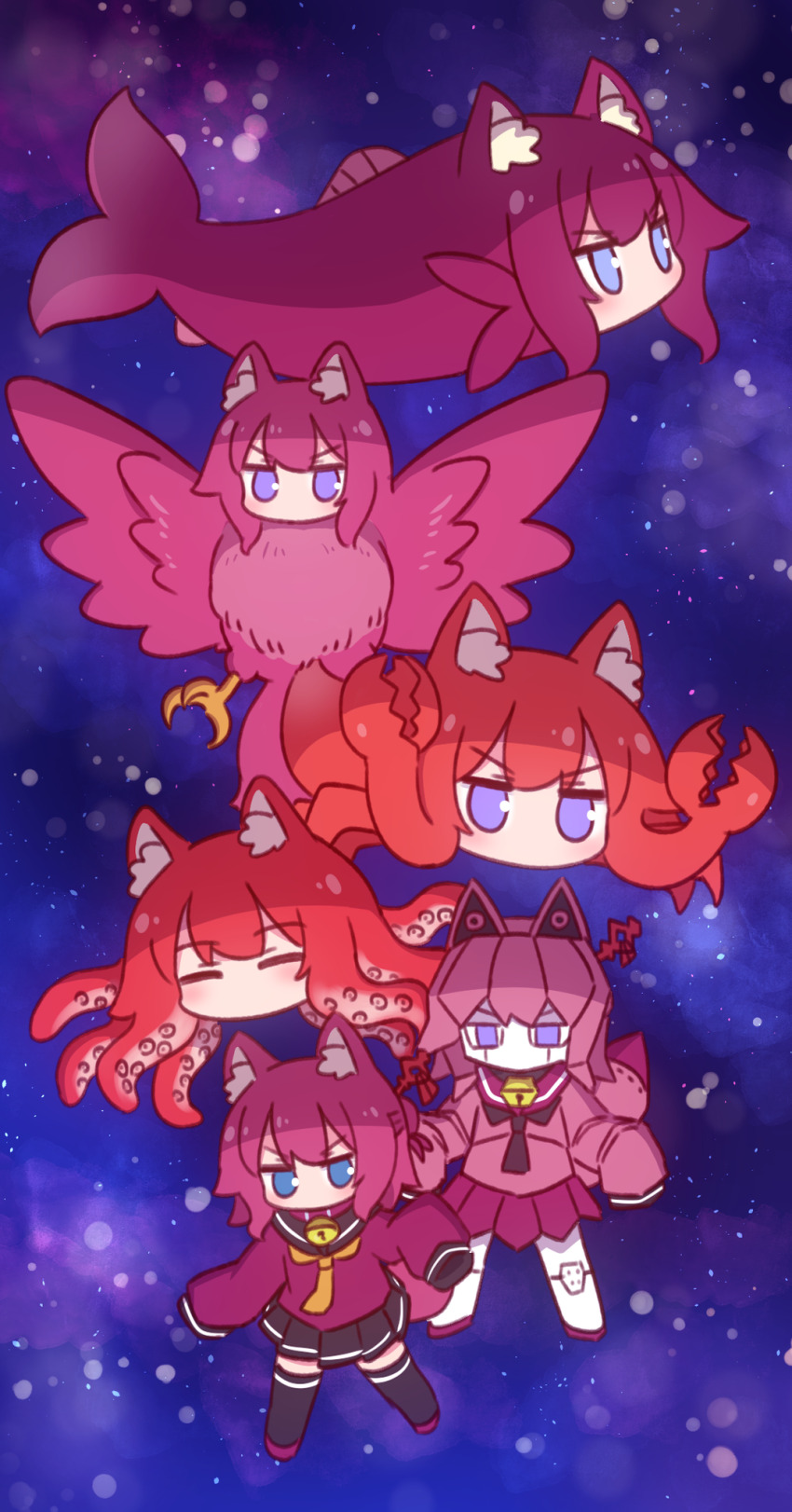 6+girls alternate_color animal animal_ear_fluff animal_ears animalization bell brown_collar closed_eyes collar fish fox_ears highres jingle_bell kemomimi-chan_(fish)_(naga_u) kemomimi-chan_(naga_u) long_sleeves multiple_girls naga_u neck_bell original pleated_skirt purple_eyes purple_skirt red_hair sailor_collar shirt skirt sleeves_past_fingers sleeves_past_wrists thighhighs