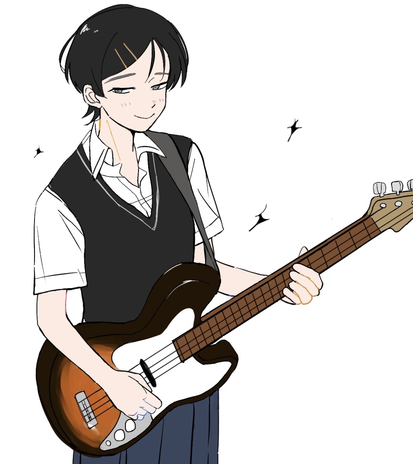 1girl bass_guitar black_hair black_vest blue_skirt collared_shirt electric_guitar fender_jazz_bass futsuu_no_keion-bu grey_eyes guitar guitar_strap hair_ornament hairpin highres instrument kouyama_rin monochrome_background music ph_oyu pixie_cut playing_guitar playing_instrument pleated_skirt shirt sideways_glance skirt smile solo sparkle sweater_vest vest white_background white_shirt