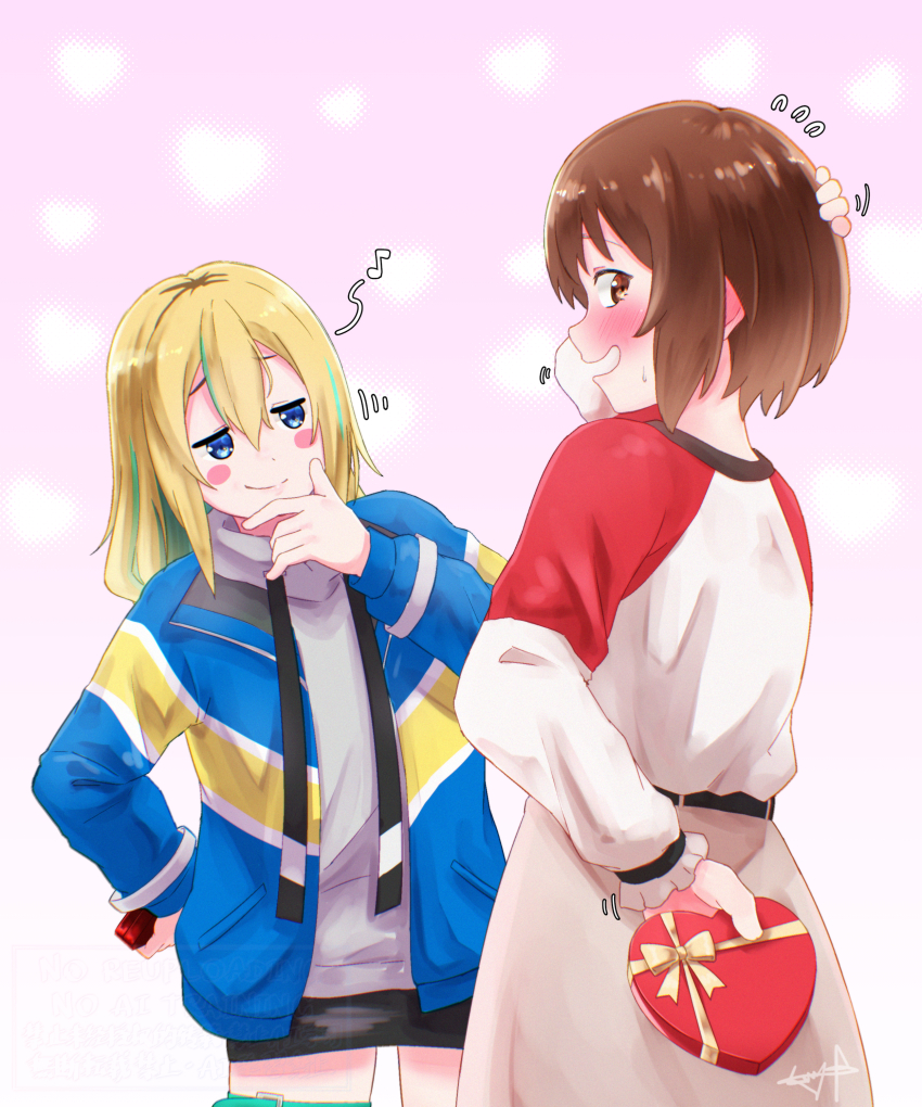 2girls absurdres black_skirt blonde_hair blue_eyes blue_jacket blush box brown_eyes brown_hair brown_skirt commentary english_commentary green_hair grey_hoodie hair_between_eyes hand_on_own_head hand_on_own_hip heart-shaped_box highres hood hoodie jacket kouzuki_mahiru long_hair multicolored_hair multiple_girls mutsuki_(mutsuki0110) open_mouth roots_(hair) short_hair skirt smug streaked_hair sweatdrop sweater thigh_strap valentine white_sweater yamanouchi_kano yoru_no_kurage_wa_oyogenai yuri