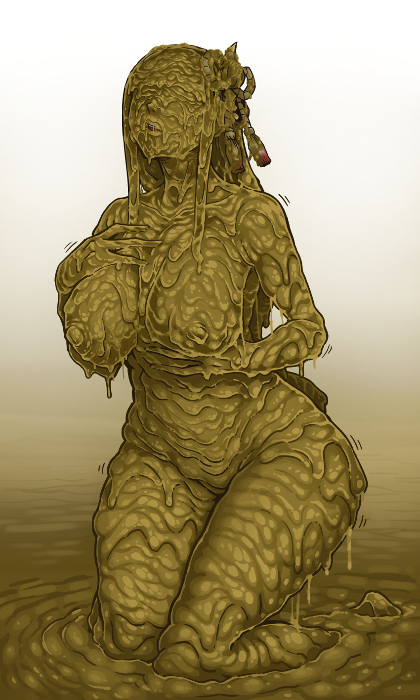 1girl absurdres breasts covered_in_mud dirty hair_ornament hand_on_breast highres hinoa kneeling large_breasts monster_hunter_(series) monster_hunter_rise mud nipples nude open_mouth thick_thighs thighs tobato_the_dog tobatoinu wet_and_messy wide_hips