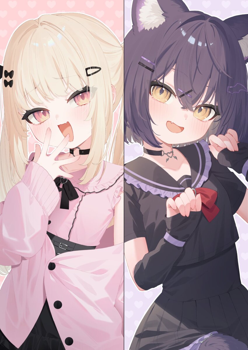 2girls :d animal_ear_fluff animal_ears black_bow black_choker black_hair black_sailor_collar black_serafuku black_shirt black_skirt blonde_hair blush bow cardigan cat_ears cat_girl cat_tail chocolat_(vrchat) choker fang fingerless_gloves frilled_sailor_collar frills gloves hair_between_eyes hair_bow hair_ornament hairclip hand_to_own_mouth heart heart_background heart_choker heart_o-ring high-waist_skirt highres jacket jirai_kei long_hair long_sleeves looking_at_viewer multiple_girls o-ring o-ring_choker off_shoulder open_mouth pink_background pink_cardigan pink_eyes pink_jacket pink_shirt pleated_skirt purple_background purple_hair red_eyes ririka_(vrchat) sailor_collar school_uniform serafuku shirt short_hair short_sleeves skin_fang skirt sleeveless sleeveless_shirt sleeves_past_wrists smile tail twintails vrchat yellow_eyes