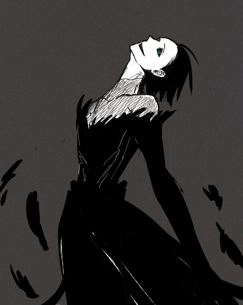 1boy black_feathers black_hair black_sclera blue_eyes colored_sclera commentary_request cowboy_shot falling_feathers feathers from_side greyscale head_back highres korean_commentary looking_to_the_side male_focus mochizuki_ryouji monochrome monster_boy nyx_avatar open_mouth otoko_haza persona persona_3 ringed_eyes short_hair solo spoilers