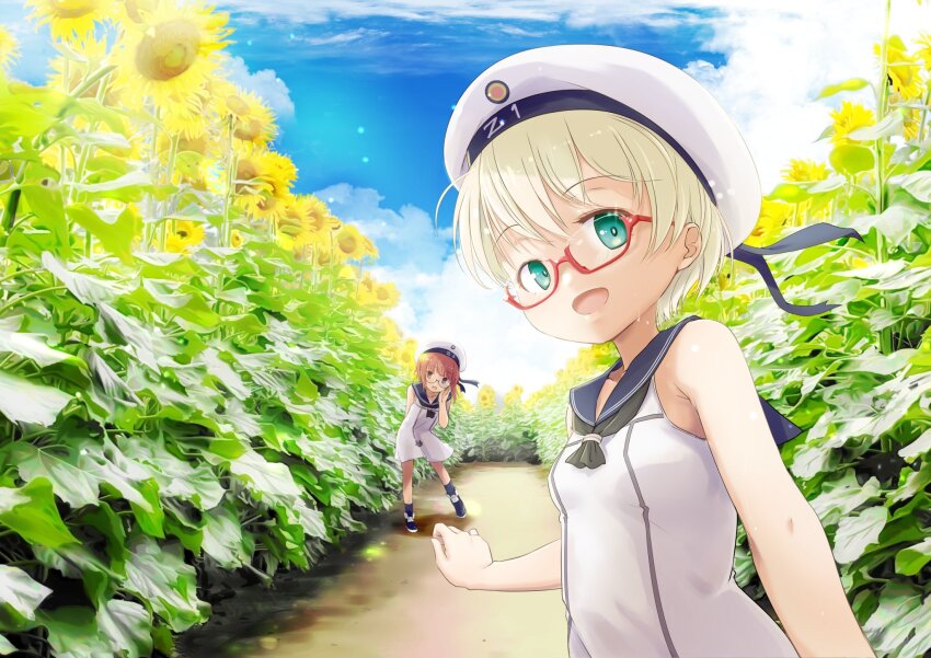 2girls black_neckerchief blonde_hair blue_sailor_collar blue_sky cloud day dress flower fyuo green_eyes hat highres kantai_collection multiple_girls neckerchief official_alternate_costume outdoors sailor_collar sailor_hat short_hair sky sleeveless sleeveless_dress smile solo_focus sunflower white_background white_dress z1_leberecht_maass_(kancolle) z3_max_schultz_(kancolle)