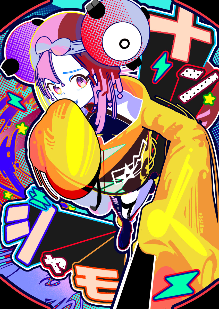 1girl :d absurdres bow-shaped_hair character_hair_ornament character_name commentary_request creatures_(company) game_freak hair_ornament highres iono_(pokemon) jacket kurea_(jjvt3228) lightning_bolt_symbol long_sleeves nintendo open_mouth pokemon pokemon_sv purple_eyes purple_hair revision selfie selfie_stick shoes sleeves_past_fingers sleeves_past_wrists smile solo teeth thigh_strap upper_teeth_only yellow_jacket