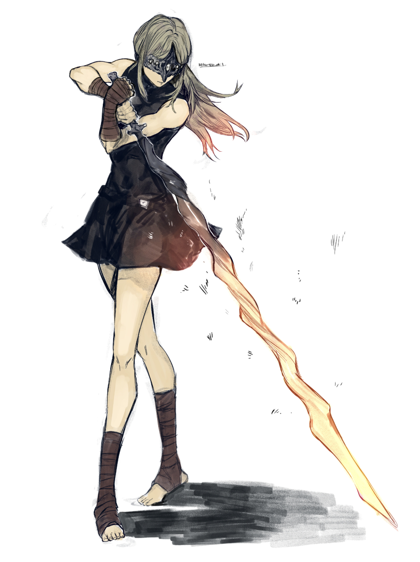 1girl arm_wrap bandaged_foot bandages blindfold blonde_hair coiled_sword commentary covered_eyes dark_souls_(series) dark_souls_iii dress english_commentary eye_mask fire_keeper highres holding holding_sword holding_weapon long_hair mask signature solo sword weapon white_background yourfreakyneighbourh