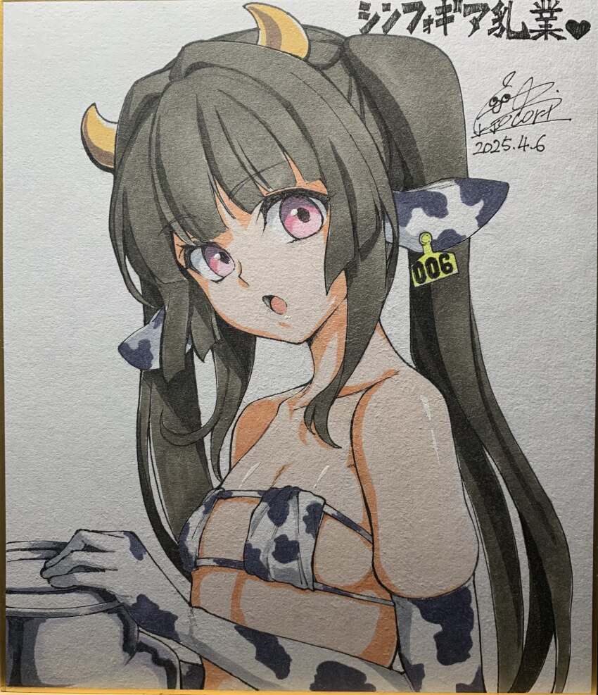 1girl animal_ears animal_print bikini brown_hair cototiworld cow_ears cow_horns cow_print cow_print_bikini cow_print_gloves cow_tail dated ear_tag elbow_gloves eyebrows_hidden_by_hair eyepatch_bikini fake_animal_ears fake_horns fake_tail flat_chest from_side gloves highres horns long_hair looking_at_viewer milk_churn open_mouth photo_(medium) pink_hair print_bikini print_gloves senki_zesshou_symphogear signature simple_background skindentation solo swimsuit tail traditional_media tsukuyomi_shirabe twintails very_long_hair white_background
