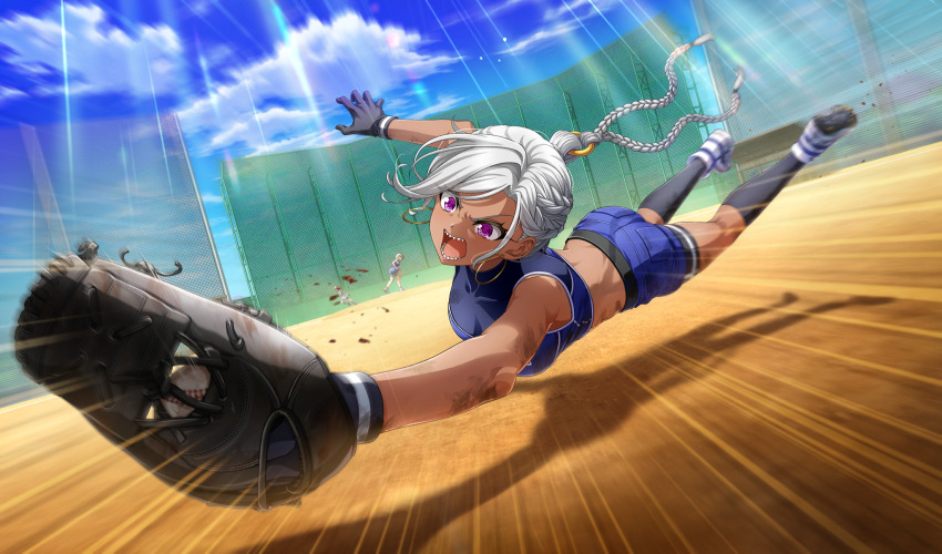 asymmetrical_hair ball baseball baseball_(object) baseball_field baseball_glove belt bike_shorts bike_shorts_under_shorts black_belt black_gloves black_shorts black_socks blue_shirt blue_shorts blurry braid catching cinderella_series cloud dark-skinned_female dark_skin depth_of_field dutch_angle emphasis_lines full_body game_cg gloves hachigatsu_no_cinderella_nine highres holding holding_ball light_rays looking_at_object mori_veronica_naoko multiple_girls non-web_source official_art open_mouth outdoors outstretched_arm playing_sports purple_eyes sharp_teeth shirt shorts sky sleeveless sleeveless_shirt sliding socks solo_focus sunbeam sunlight teeth v-shaped_eyebrows white_footwear white_hair