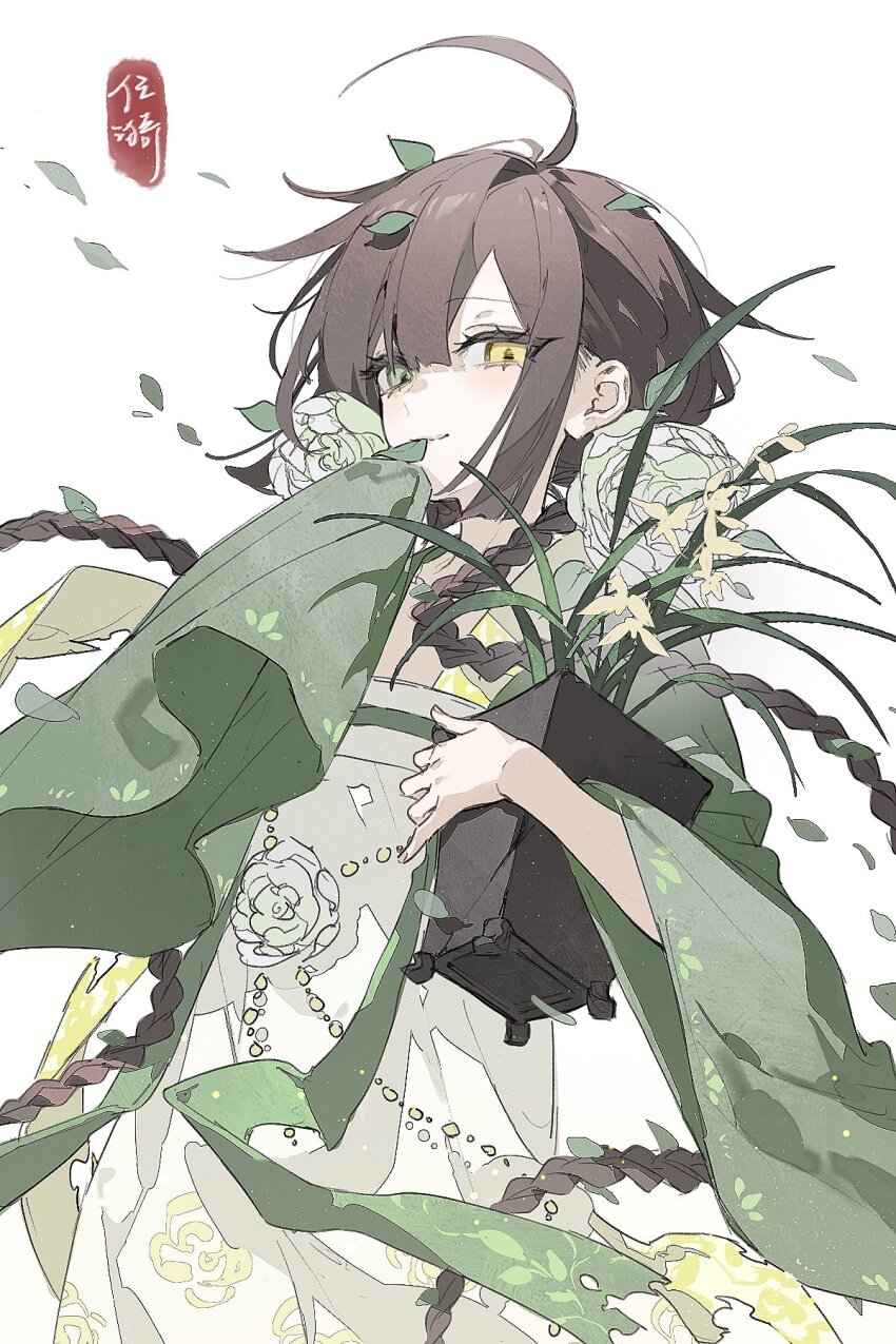 1girl ahoge braid brown_hair falling_leaves flat_chest floral_print flower_pot green_eyes green_kimono half-closed_eyes heterochromia highres holding holding_flower_pot japanese_clothes kimono leaf long_hair looking_at_viewer original smile snowcake47 solo twin_braids two-tone_kimono white_background white_kimono wide_sleeves yellow_eyes