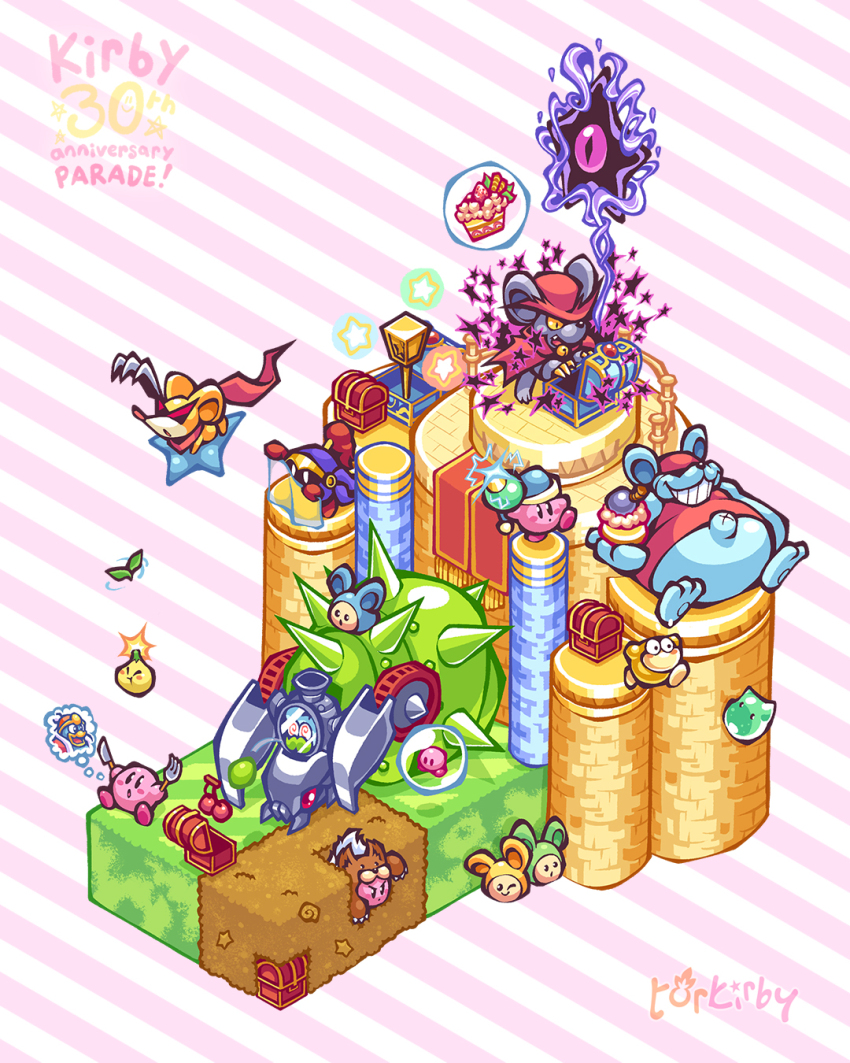 :o animal animal_kirby blue_hat blush_stickers bomb bomb_kirby bubble cake cake_slice cape castle character_request clothed_animal colored_sclera colored_skin commentary copy_ability dark_nebula daroach digging doc_(kirby) english_commentary explosive food fork hat highres holding holding_food holding_fork holding_knife king_dedede kirby kirby_(series) kirby:_squeak_squad knife machinery mouse_(animal) nightcap nintendo no_humans pink_background pink_skin pom_pom_hat_ornament red_cape red_footwear red_hat red_scarf scarf shoes simple_background sitting spinni squeakers star_(symbol) storo striped_background sunglasses surprised top_hat torkirby treasure_chest triangular_eyewear triple_star two-tone_background waddle_dee white_background yellow_sclera