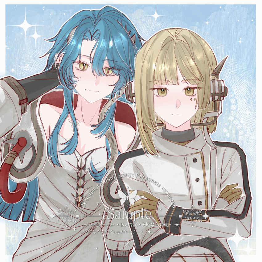 2girls artist_request bare_shoulders blonde_hair blue_background blue_hair commission crossed_arms dress fang fang_out gloves grey_dress grey_jacket hair_between_eyes hand_on_own_head hand_up highres hissabeth jacket long_hair looking_at_viewer mechanical_ears multiple_girls pointer_(reverse:1999) reverse:1999 sample_watermark second-party_source short_hair side-by-side slit_pupils smile snake snake_on_head sparkle upper_body watermark yellow_eyes yellow_gloves