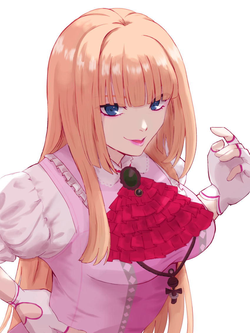 1girl absurdres blonde_hair blue_eyes breasts emilie_de_rochefort fingerless_gloves gloves hand_on_own_hip highres large_breasts lips long_hair looking_at_viewer sai_(pixiv_id_6877650) short_sleeves tekken tekken_8 white_background